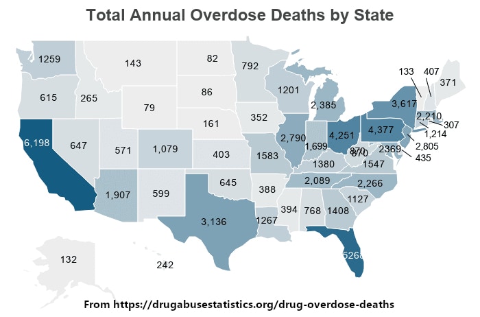 NCDAS National Center for Drug Abuse Statistics - total annual overdose deaths 2020